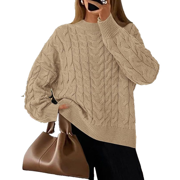 Womens Beige Cropped Chunky Cable Knit Oversized Cozy Fall Crew Neck Sweater LRG - Picture 1 of 3